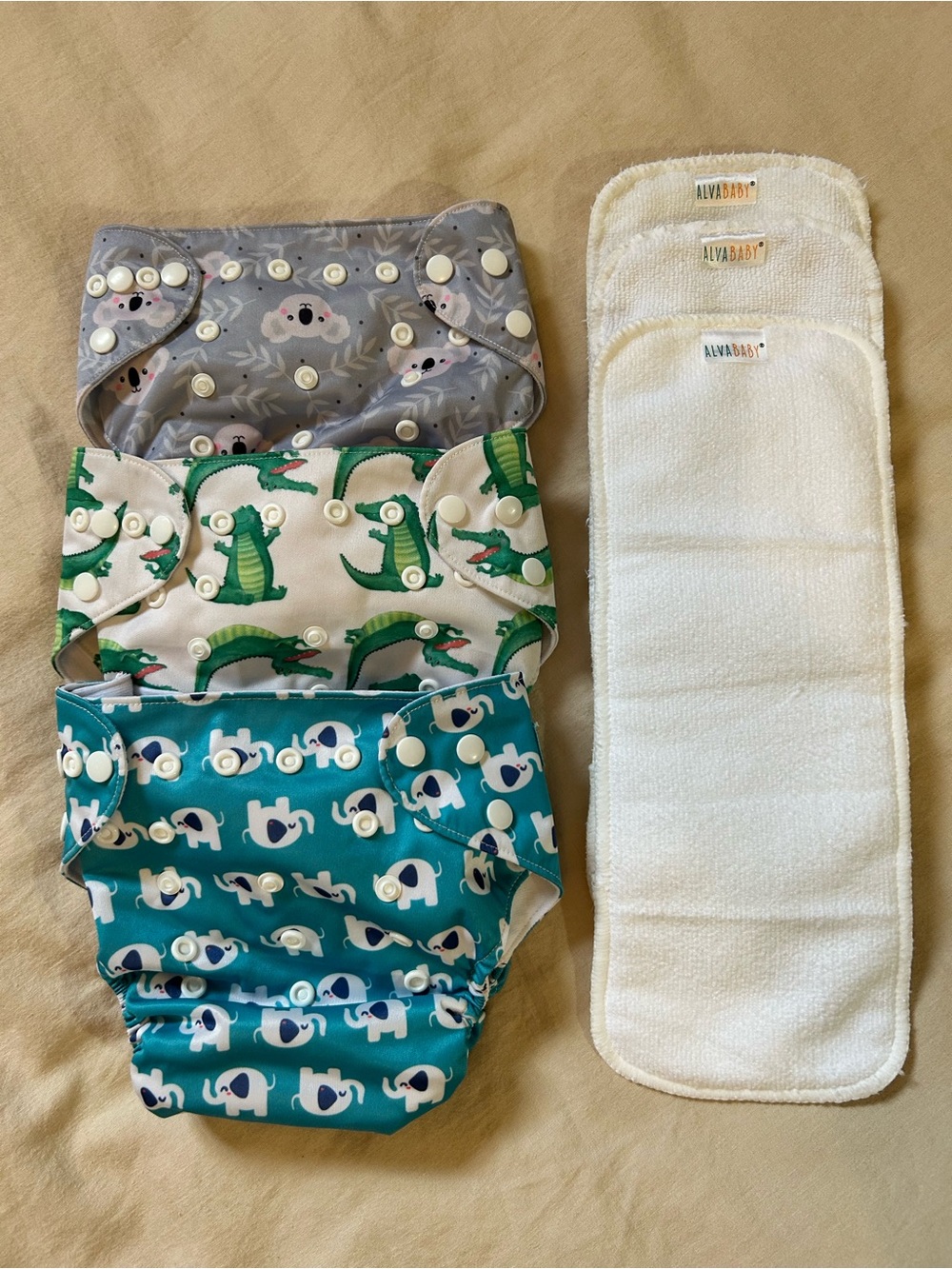 Cloth Diaper Set with Elephant, Crocodile & Koala Prints - Blue/Green/Gray